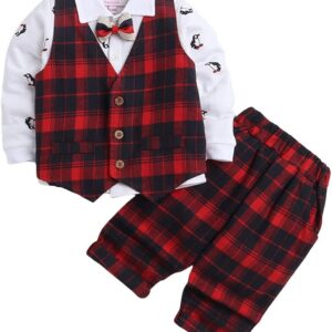 Hopscotch Boys Cotton Check Waistcoat Shirt Pant Set in Multi Color