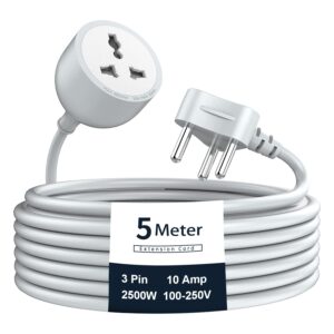 . Hoteon Extension Board with 5 Meters Heavy Duty Long Wire Cord, Single Outlet Socket 2500W 10A Expandable Electric Extension, 3 pins Extension Cord for Indoor Outdoor Use (5M/ Grey)-1PCS
