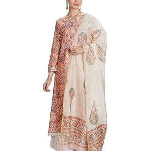 Amazon Brand - Myx Women Silk Chanderi Handblock Printed Authentic Kurta Set with Dupatta (Sanganeri Print)